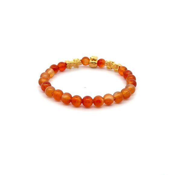 18K Gold Pixiu Piyao Money Bag Charm Bracelet Birthstones Gemstone Carnelian 6mm - Picture 2 of 4